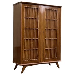 Retro French Mid-Century Rattan and Wood Cupboard