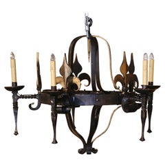 19th Century French Gothic Wrought Iron Five-Light Chandelier and Fleurs-de-Lys 