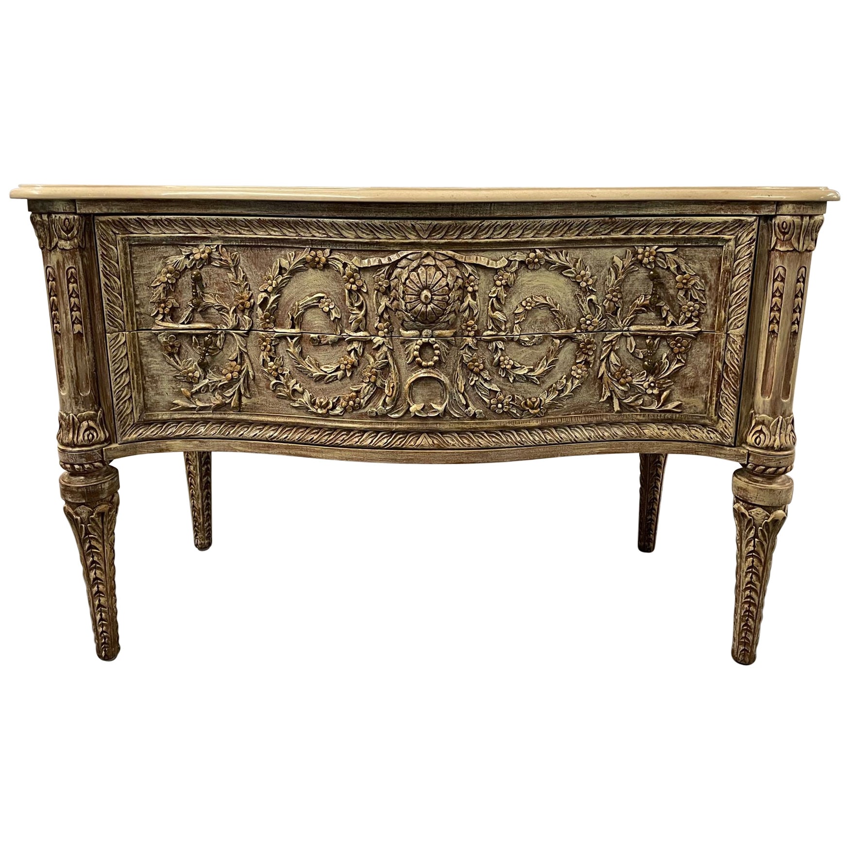 A Rococo Style Commode, Chest, Dresser with a Marble Top, Carved