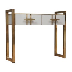MidCentury Square White Color Glass and Brass Console Table, 1980