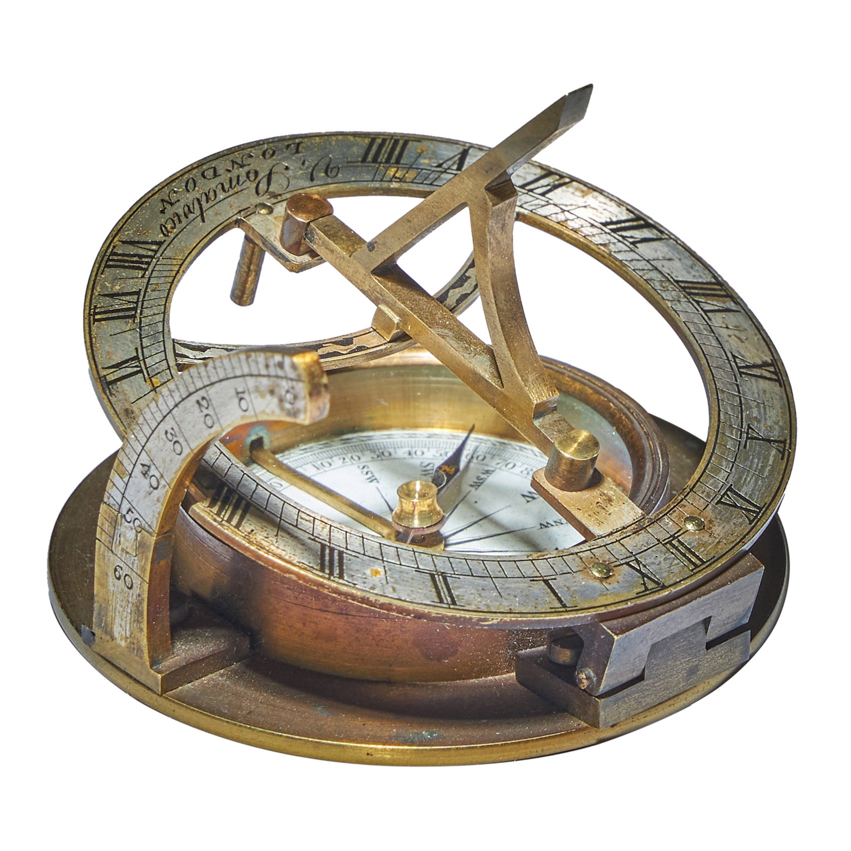 19th Century Equinoctial Pocket Sundial in Original Case, Signed V. Simalvico