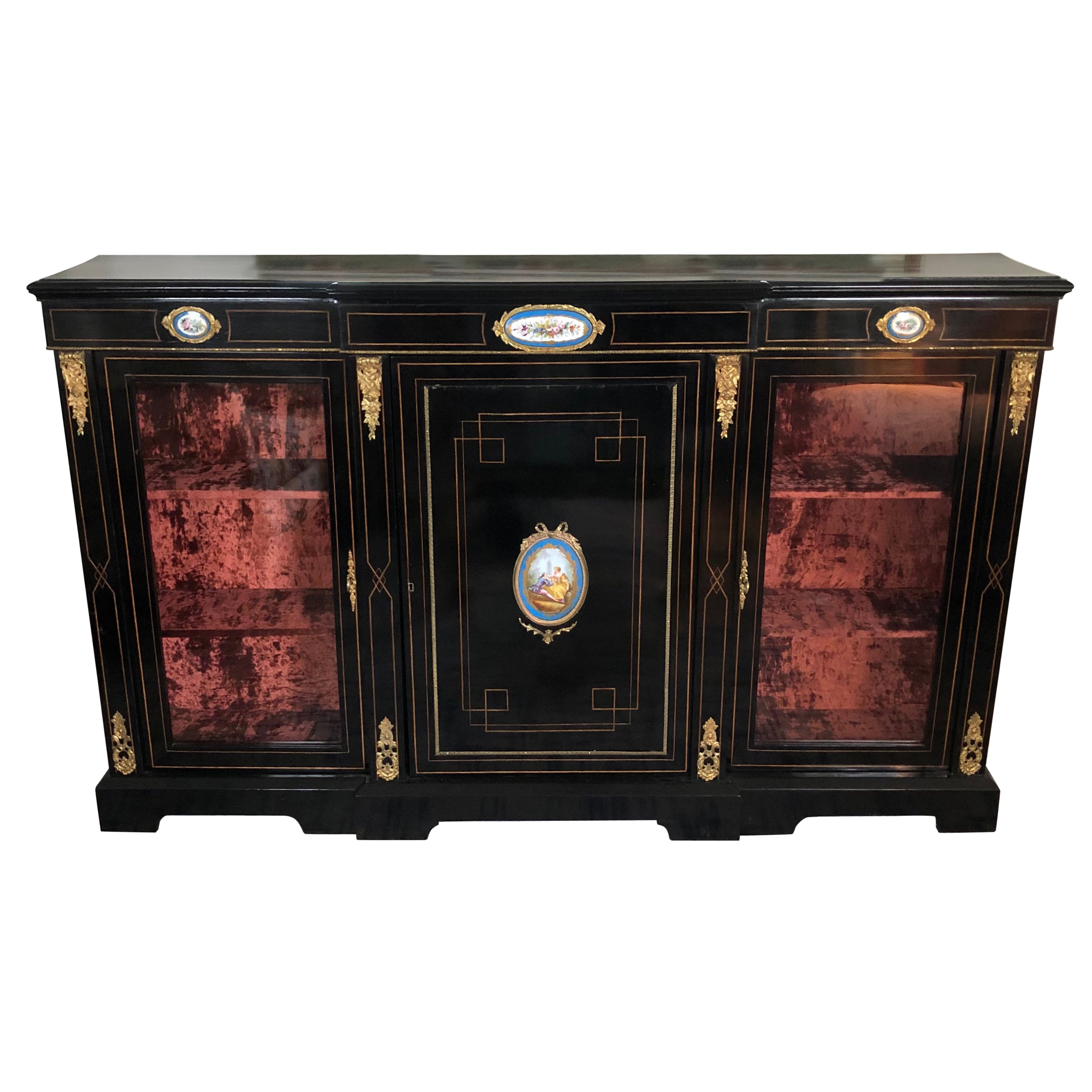 20th Century Louis XVI Neoclassical Lacquered Bookcase Display Ormolu and Enamel