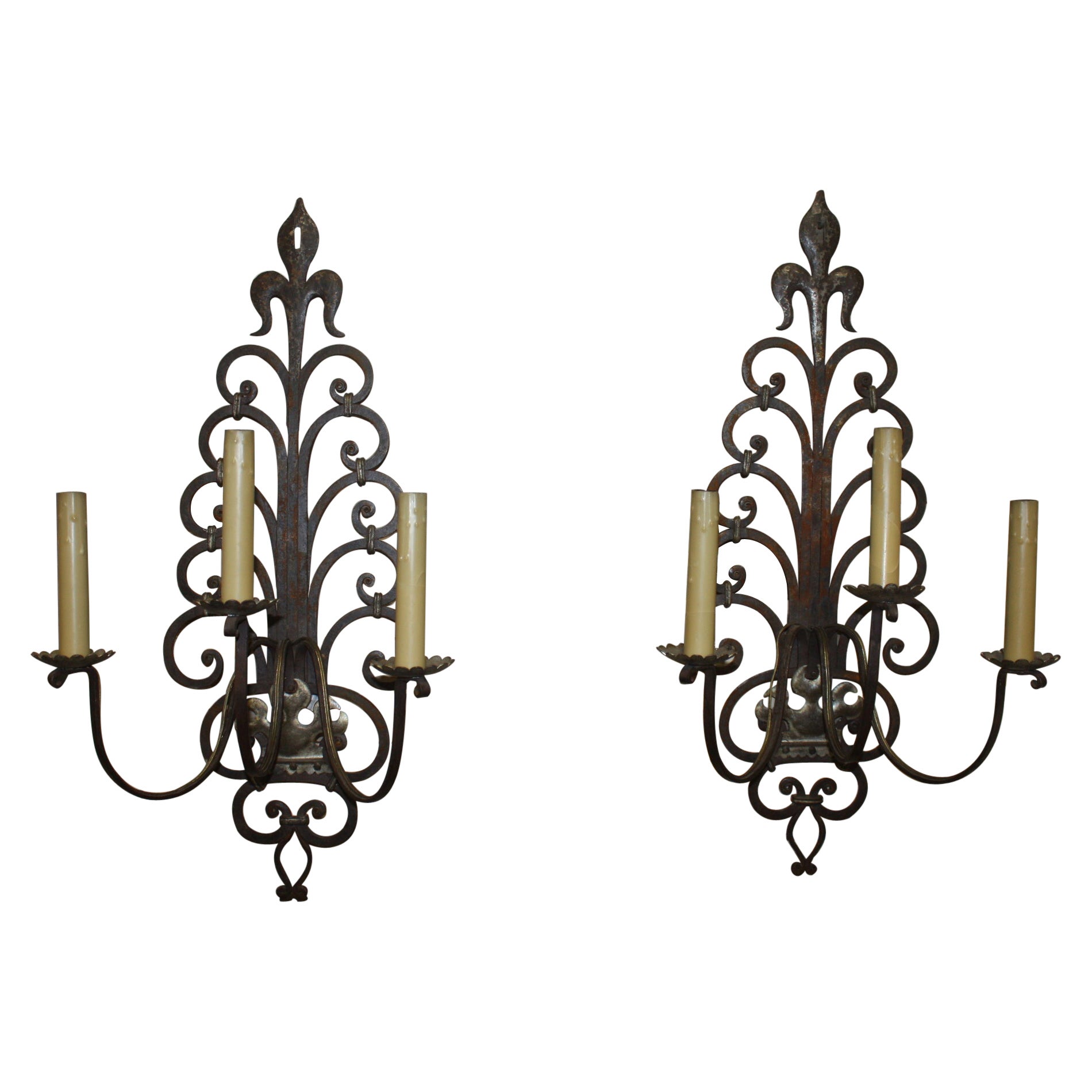 Pair of French Iron Sconces, Early 20th Century For Sale