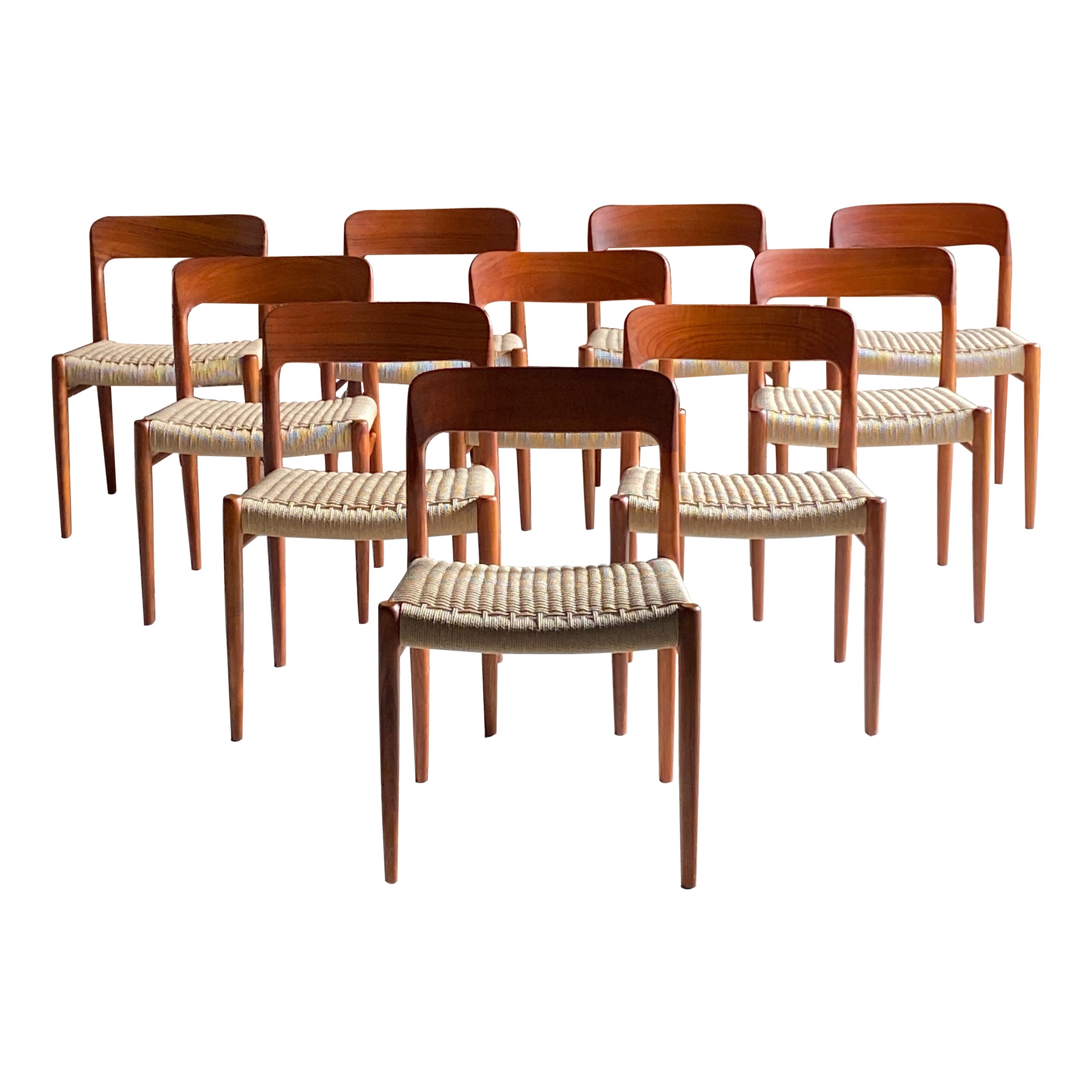 Niels Moller Model 75 Teak & Paper Cord Dining Chairs Set of 10, 1960 For Sale