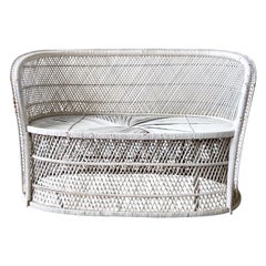 Boho Chic White Wicker & Rattan Bench/Love Seat