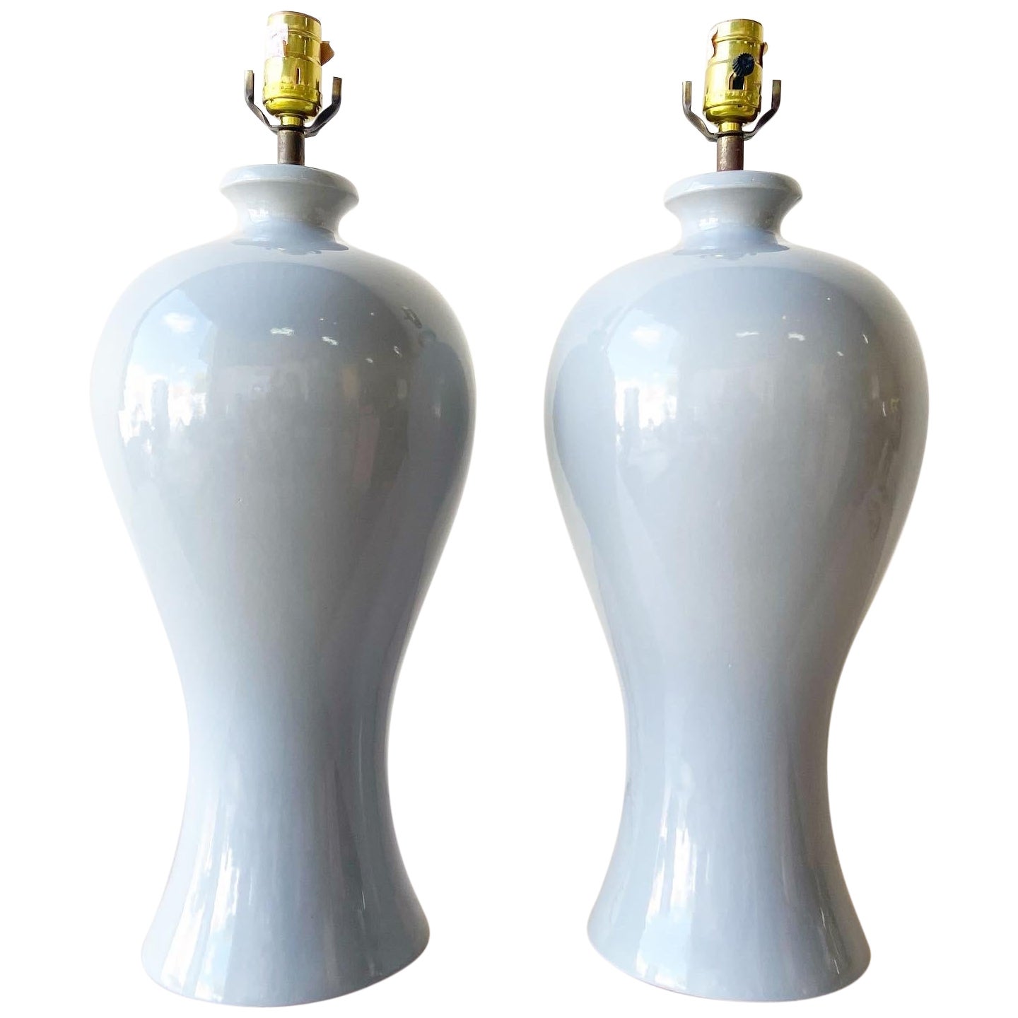 Postmodern Gray Porcelain Table Lamps – a Pair
