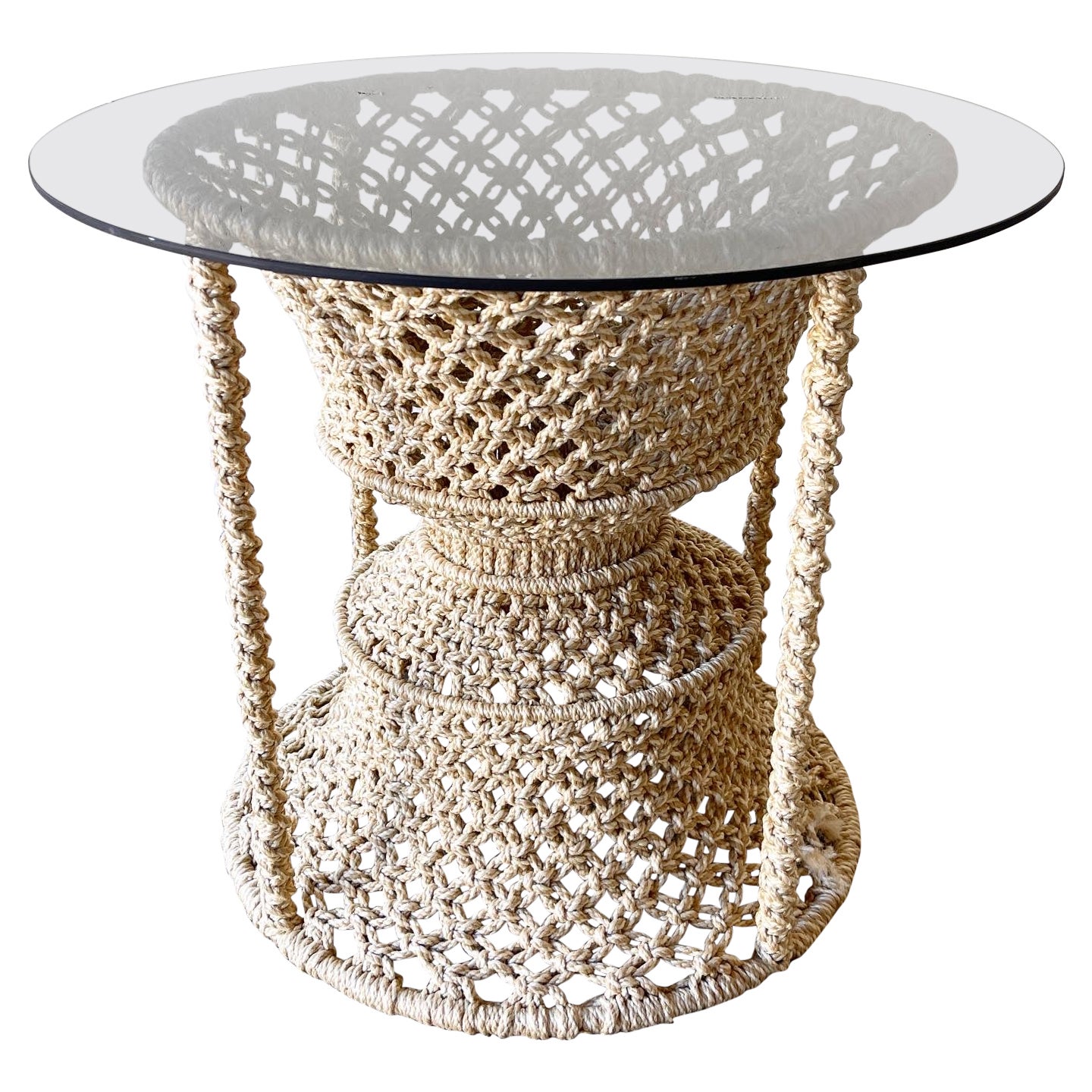 Beige Hand Woven Macrame Hourglass Glass Top Side Table For Sale