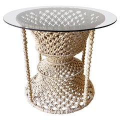 Vintage Beige Hand Woven Macrame Hourglass Glass Top Side Table
