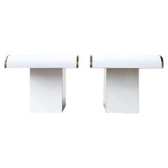 Pair of Postmodern White Lacquer Laminate Waterfall Side Tables with Gold Trim
