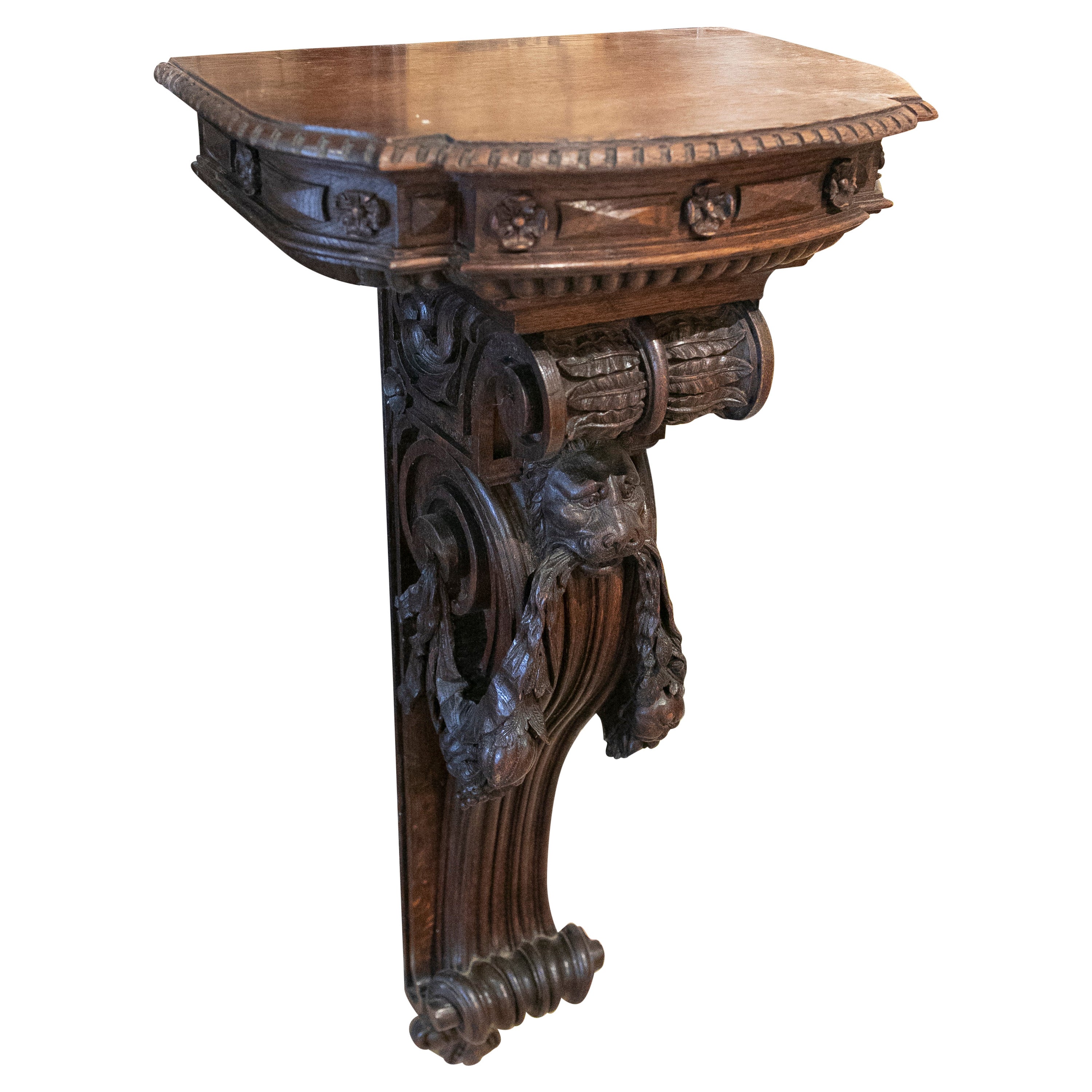 18th Century Handcarved Wooden Pedestal with a Lion, Rockwork and Fruits as Deco For Sale