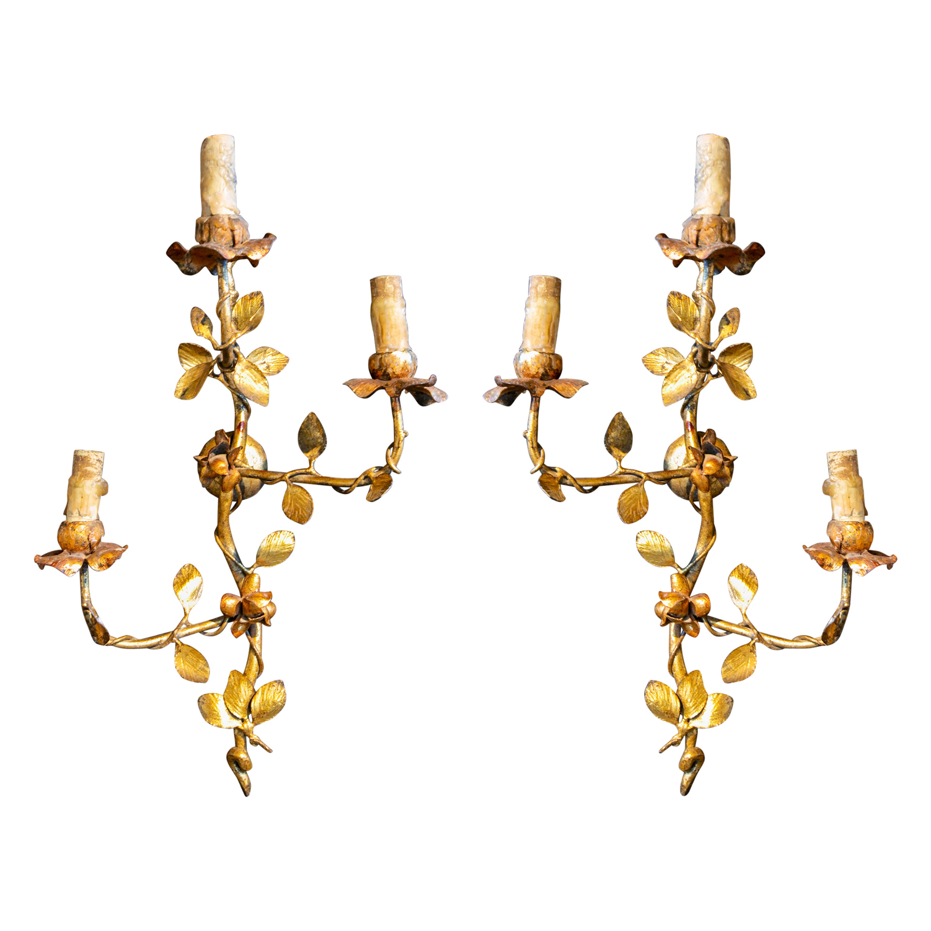 1970s Pair of Golden Metal Wall Lamps with Floral Decoration