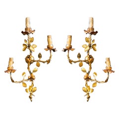 1970s Pair of Golden Metal Wall Lamps with Floral Decoration