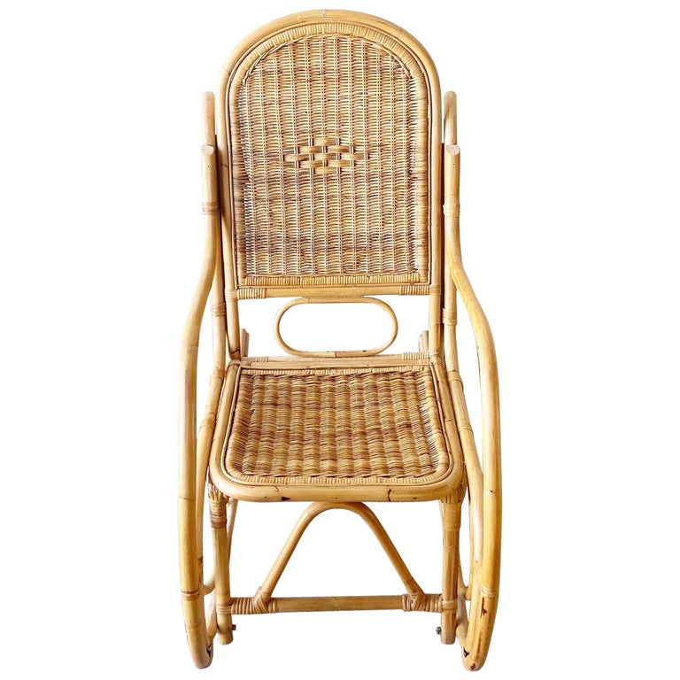 Boho Chic Bamboo Wicker Rattan Rocking Chair For Sale at 1stDibs