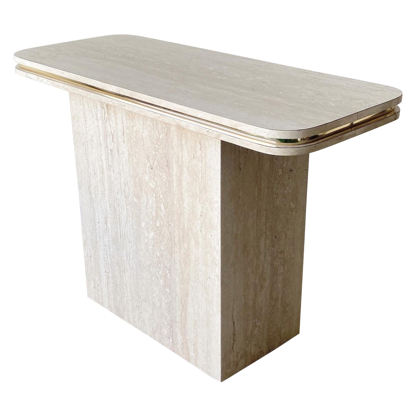 Postmodern Faux Travertine Laminate Console Table with Gold Trim For Sale