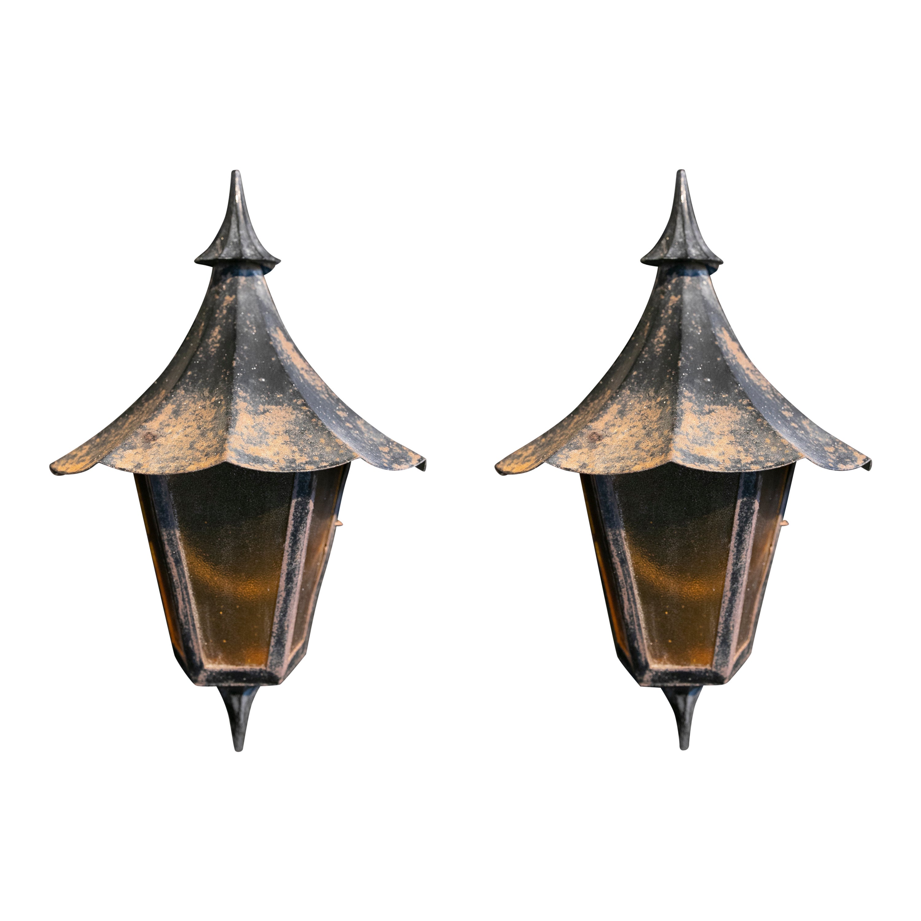 1970s Pair of Iron Wall Lamps with Their Original Glass For Sale