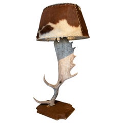 Table Lamp Made with an Antler and Deer Leather Vintage for the Base and Shade