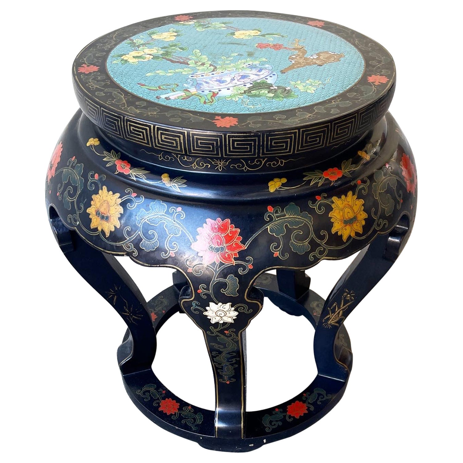 Chinoiserie Black Lacquered Plant Stand Stool