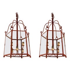 1990s Pair of Painted in Red Iron Lanterns with Glass