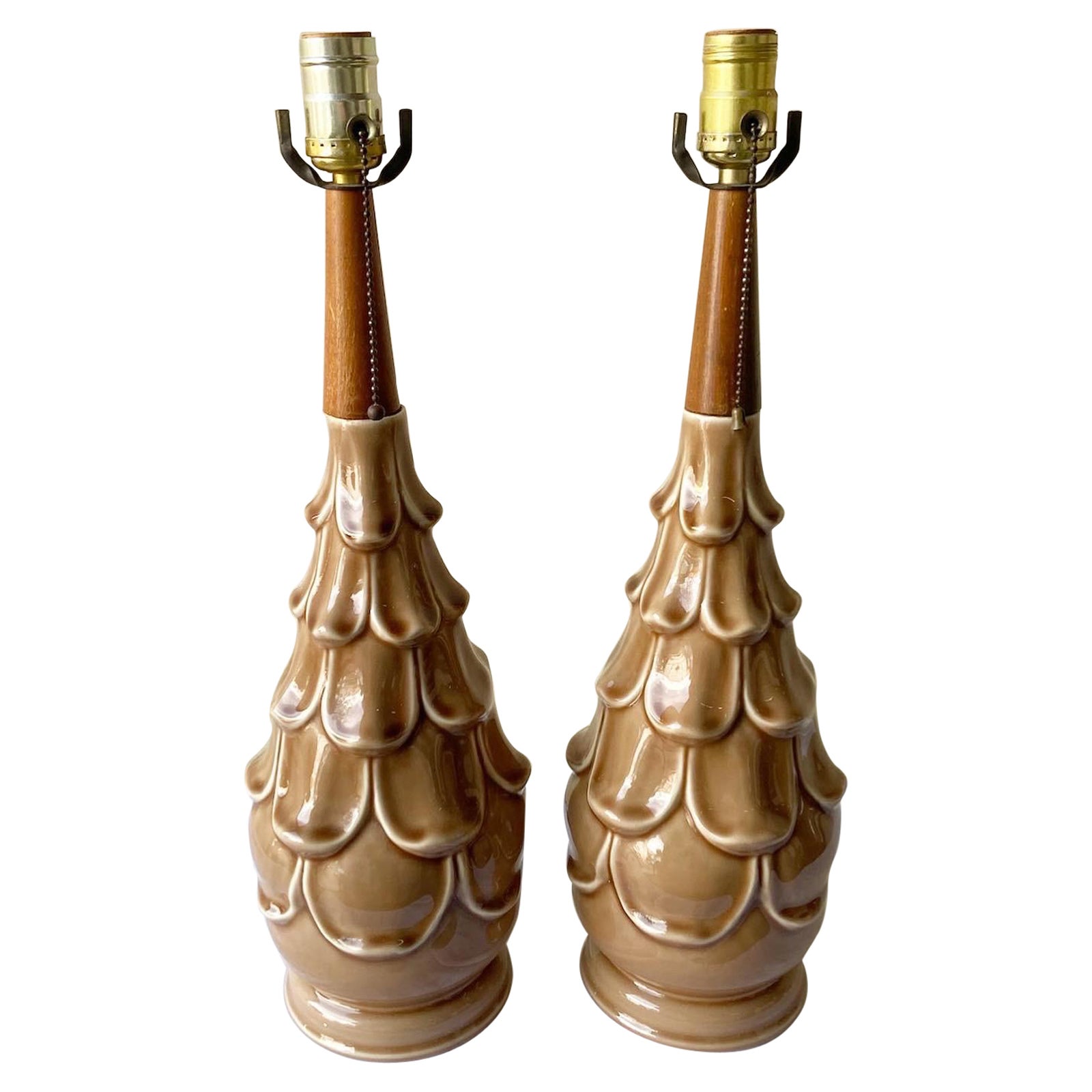 Pair of Mid-Century Modern Brown Ceramic Table Lamps