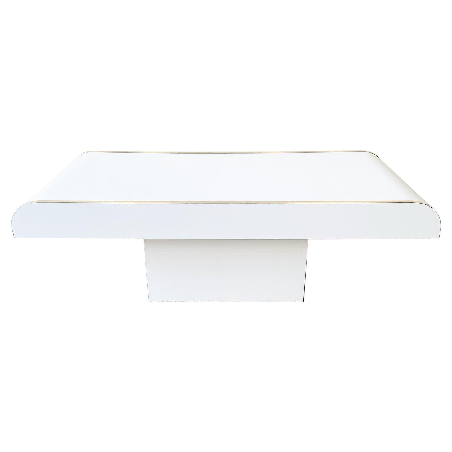Postmodern White Lacquer Laminate Waterfall Coffee Table with Gold Trim