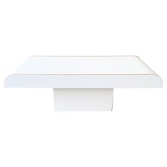Vintage Postmodern White Lacquer Laminate Waterfall Coffee Table with Gold Trim