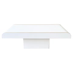 Postmodern White Lacquer Laminate Waterfall Coffee Table with Gold Trim