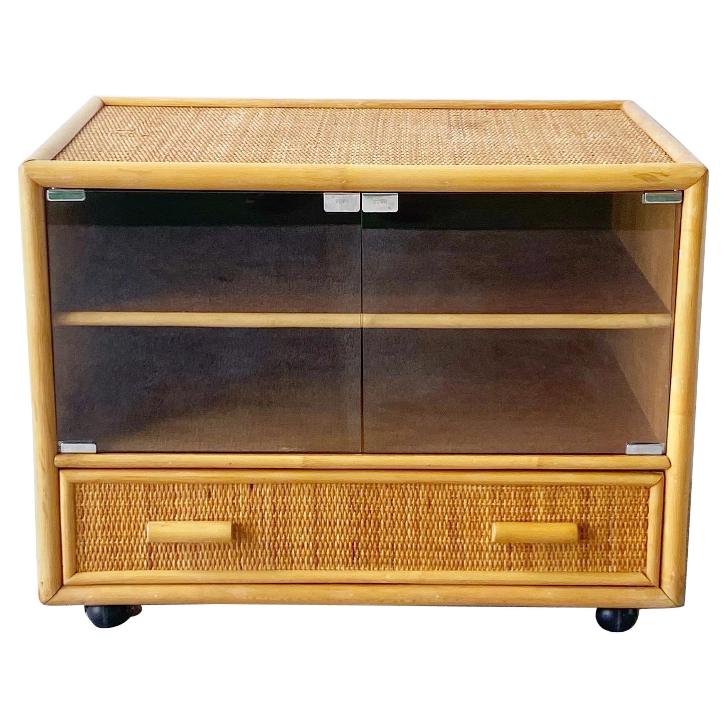 Boho Chic Bamboo Wicker Cabinet on Rollers For Sale