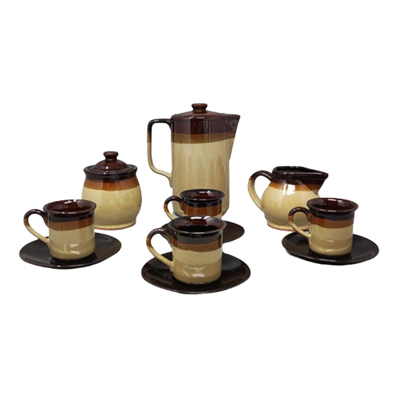 1970s Gorgeous Brown Coffee Set in Faenza Ceramic, Handmade Made in Italy