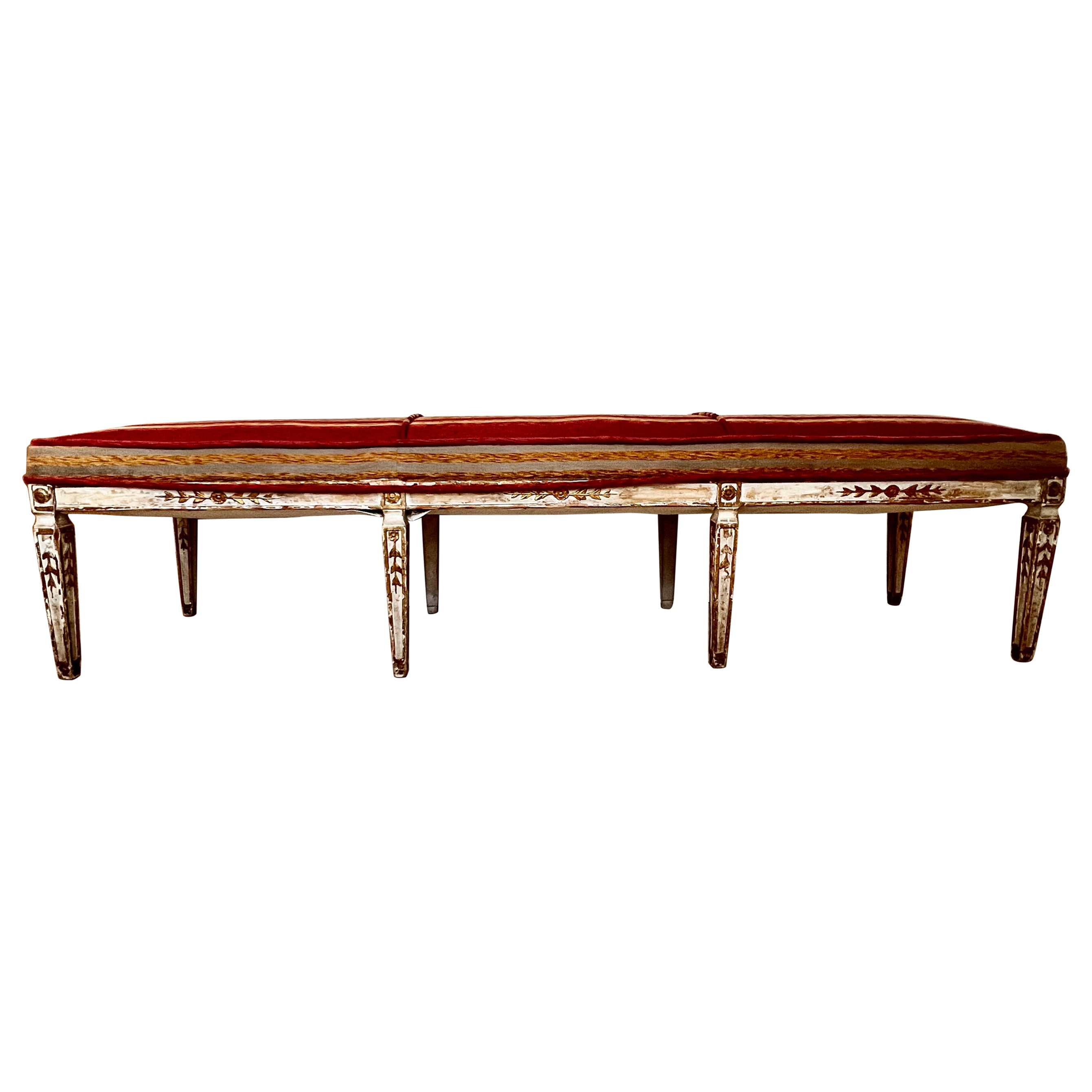 Antique, Gustavian hand carved bench in velvet from late 18th century.