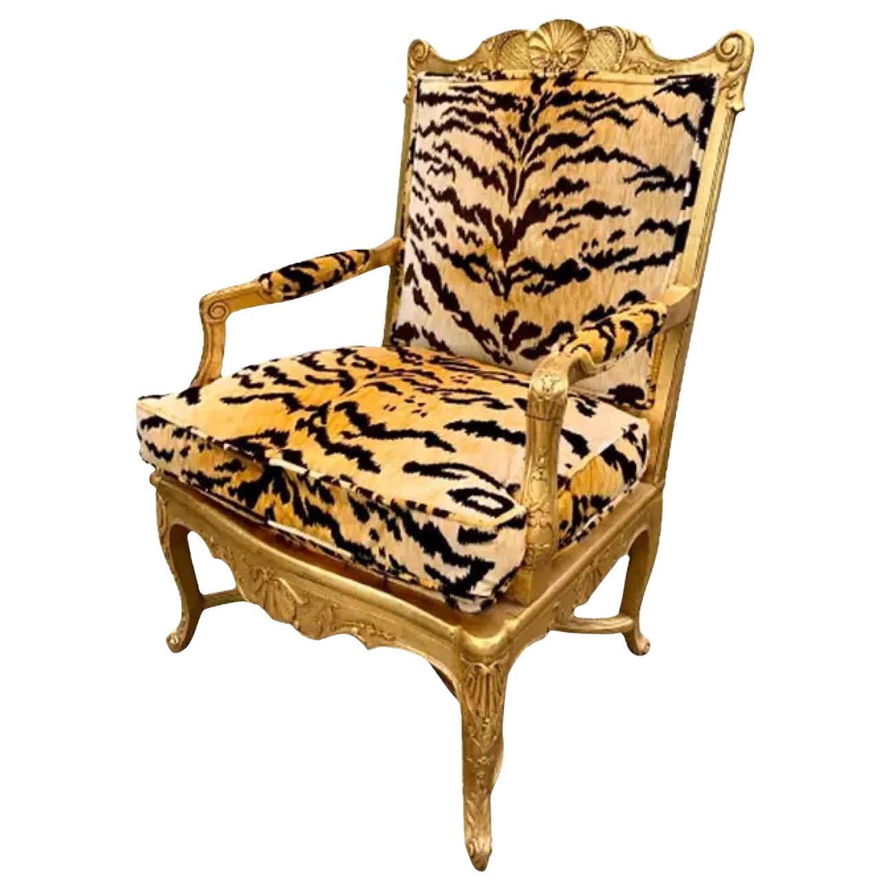 French Regency Giltwood Fauteuil Lounge Chair in Scalamandré Le Tigre Tiger Silk For Sale