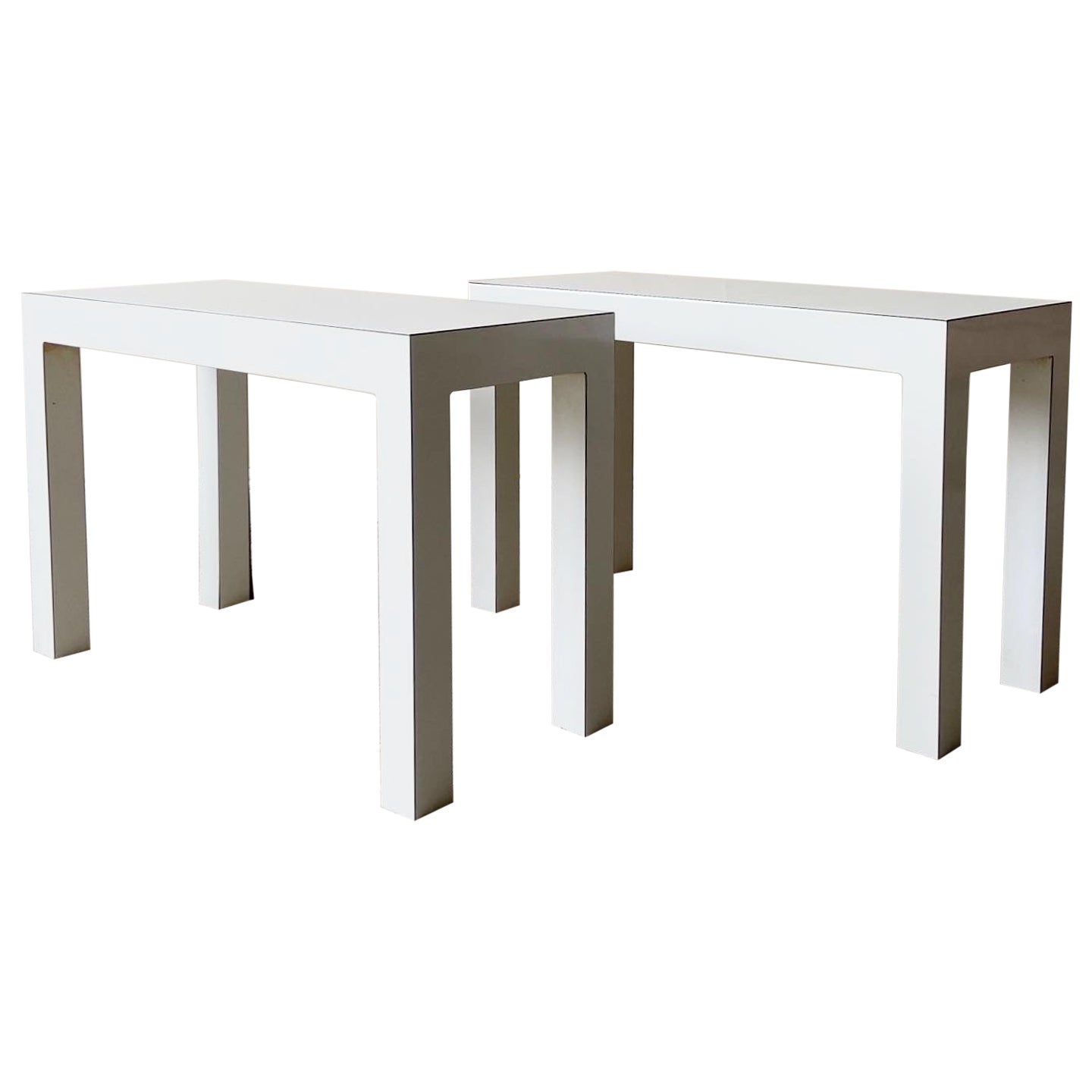 Postmodern White Lacquer Laminate Parsons Side Tables, Pair