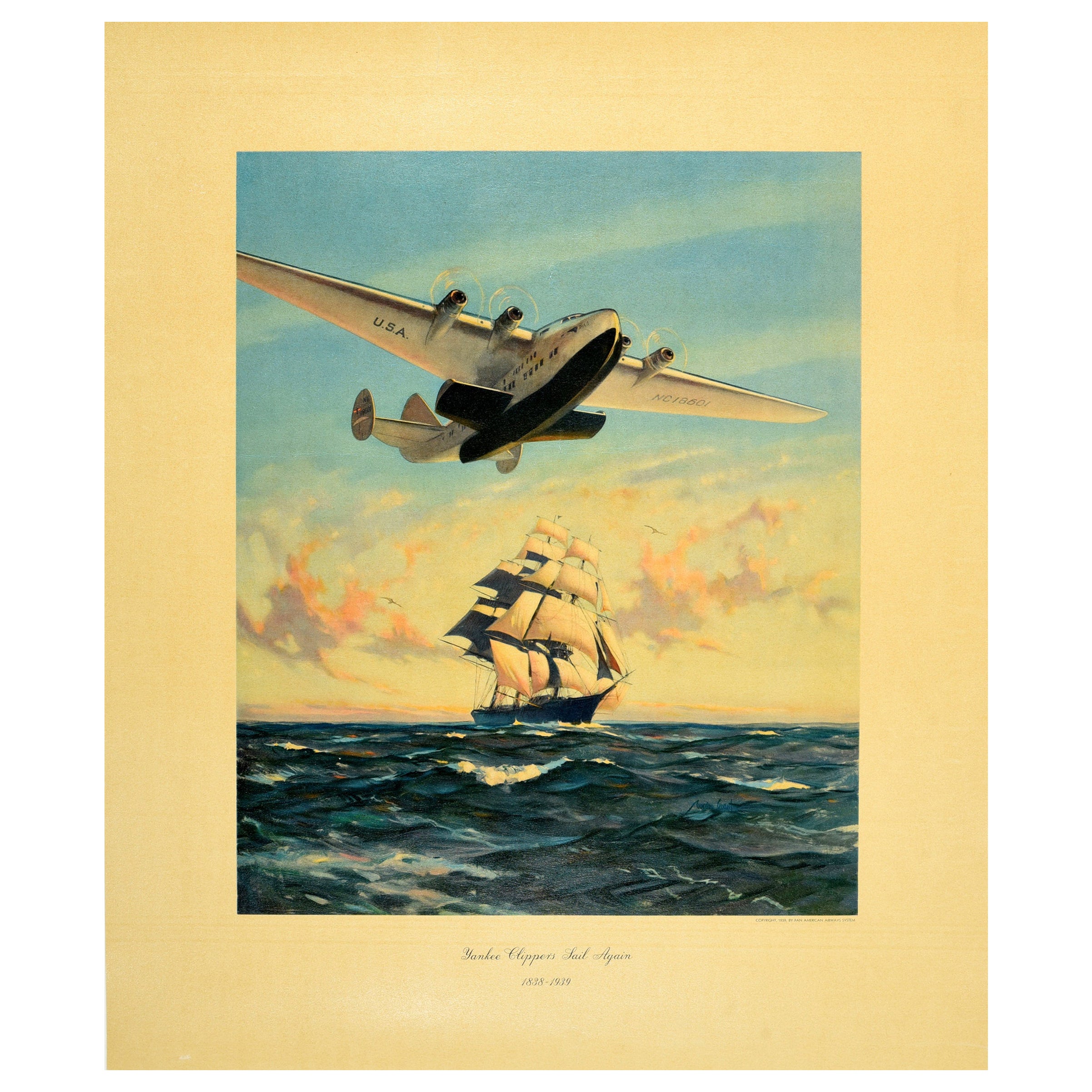 Original Vintage Travel Poster Yankee Clipper Flying Boat PanAm Pan American For Sale