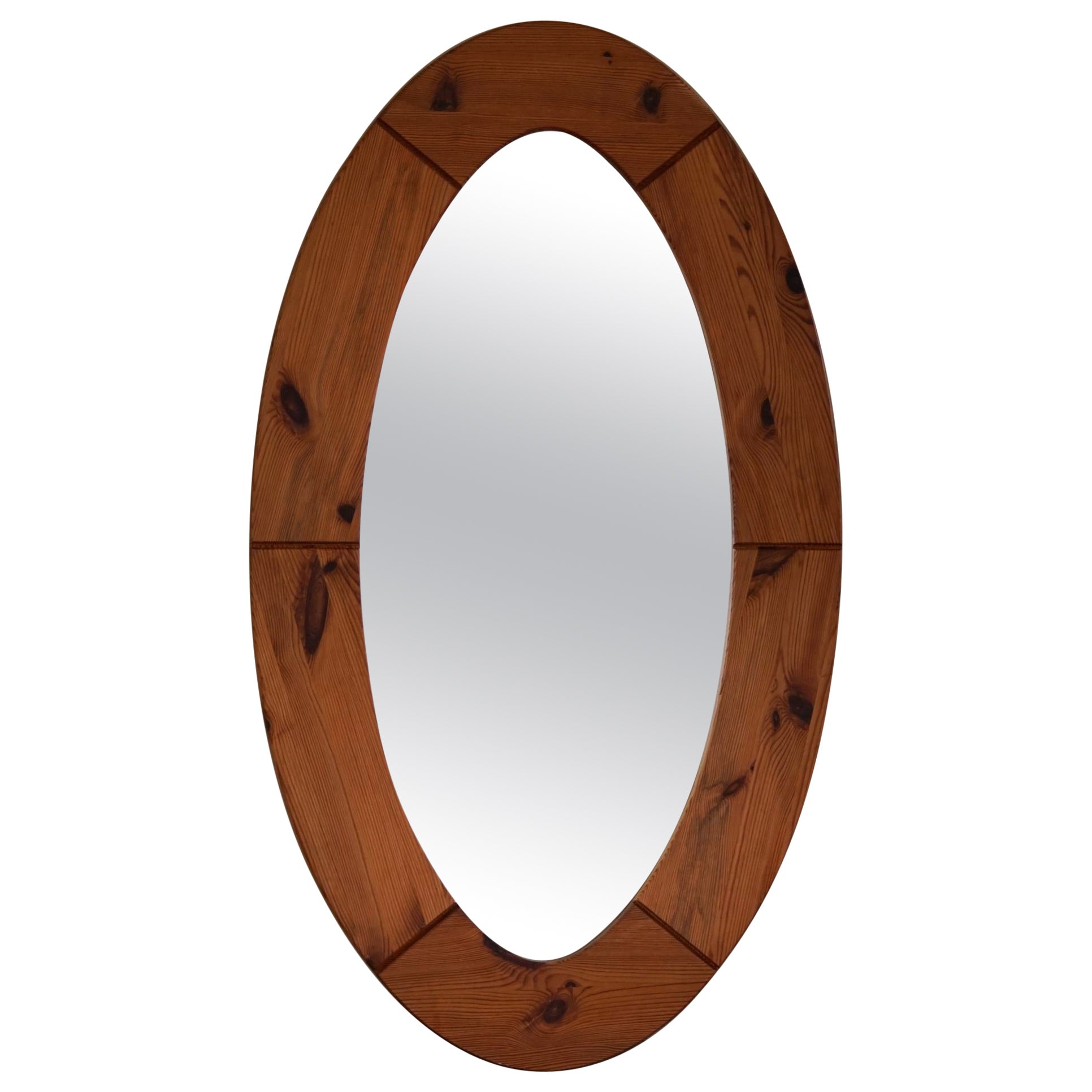 Large Oval Wall Mirror in Solid Pine by Glasmäster Markaryd, Sweden, 1960s For Sale