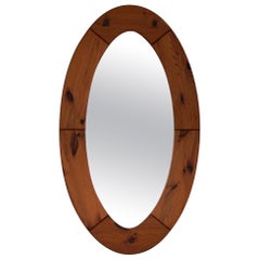 Vintage Large Oval Wall Mirror in Solid Pine by Glasmäster Markaryd, Sweden, 1960s