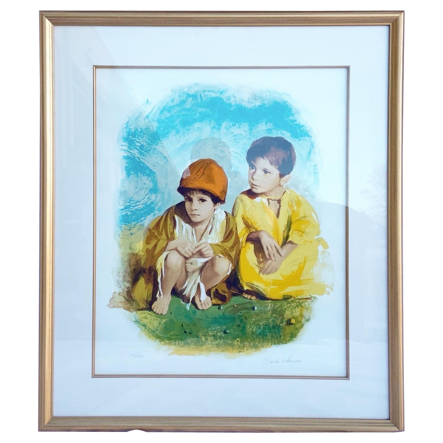 Dos niños, litografía enmarcada y firmada 33/250 por Sandu Liberman en venta