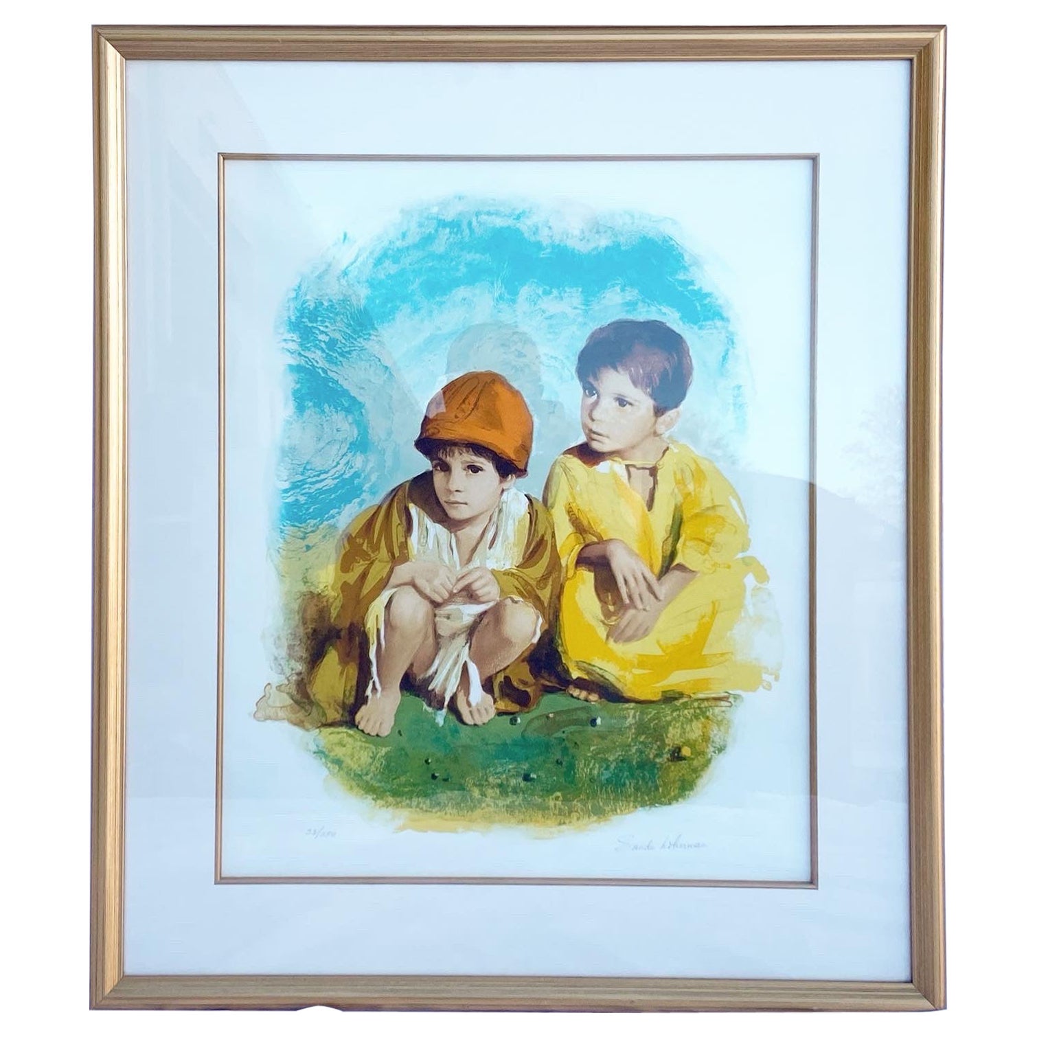 Deux enfants, lithographie encadrée et signée 33/250 par Sandu Liberman