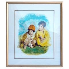Due bambini, litografia incorniciata e firmata 33/250 di Sandu Liberman
