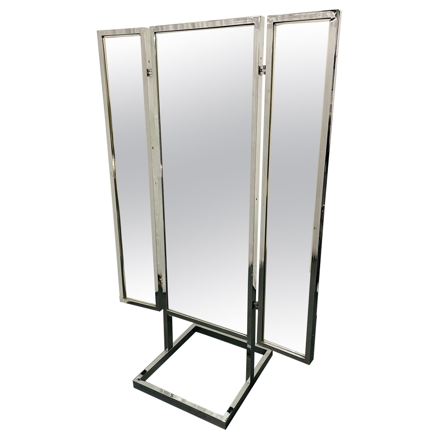 A Mid Century Modern Trifold Cheval Mirror, Steel and Chrome Framed, Reversable