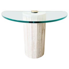 Postmodern Travertine Glass Top Demi Lune Accent Table