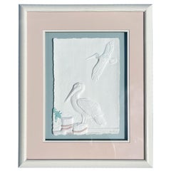 Framed & Signed Pressed Embossed Cotton Pulp of Pelicans at the Dock