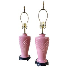 Pair of Pink Art Deco Style Table Lamps with Wooden Base, 1990s