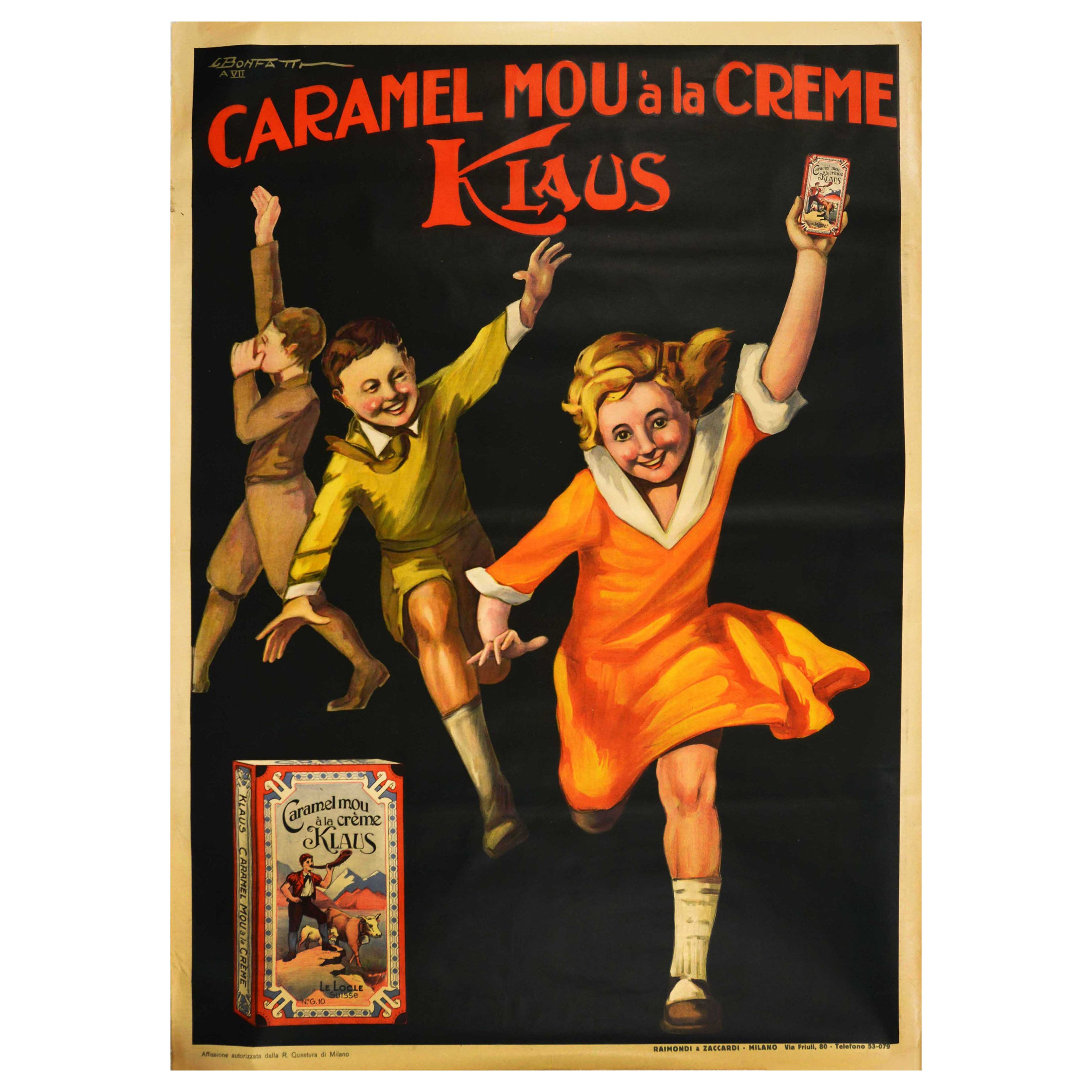 Original Vintage Food Advertising Poster Caramel Creme Klaus Swiss Chocolate Art For Sale