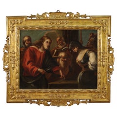 17th Century Oil on Canvas Italian Religious Painting Jesus and the Adulteress