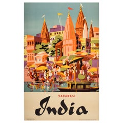 Original Vintage Travel Poster Varanasi Banaras Uttar Pradesh Ganges India Hindu