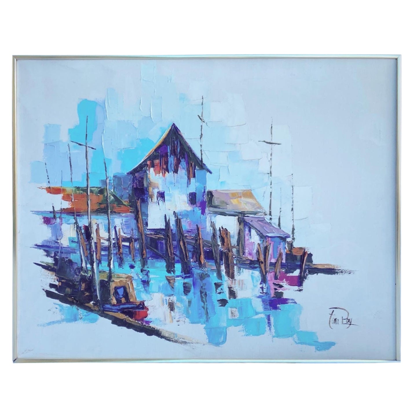 Oil Painting Depicting Boat House Signed by Tina Pay For Sale