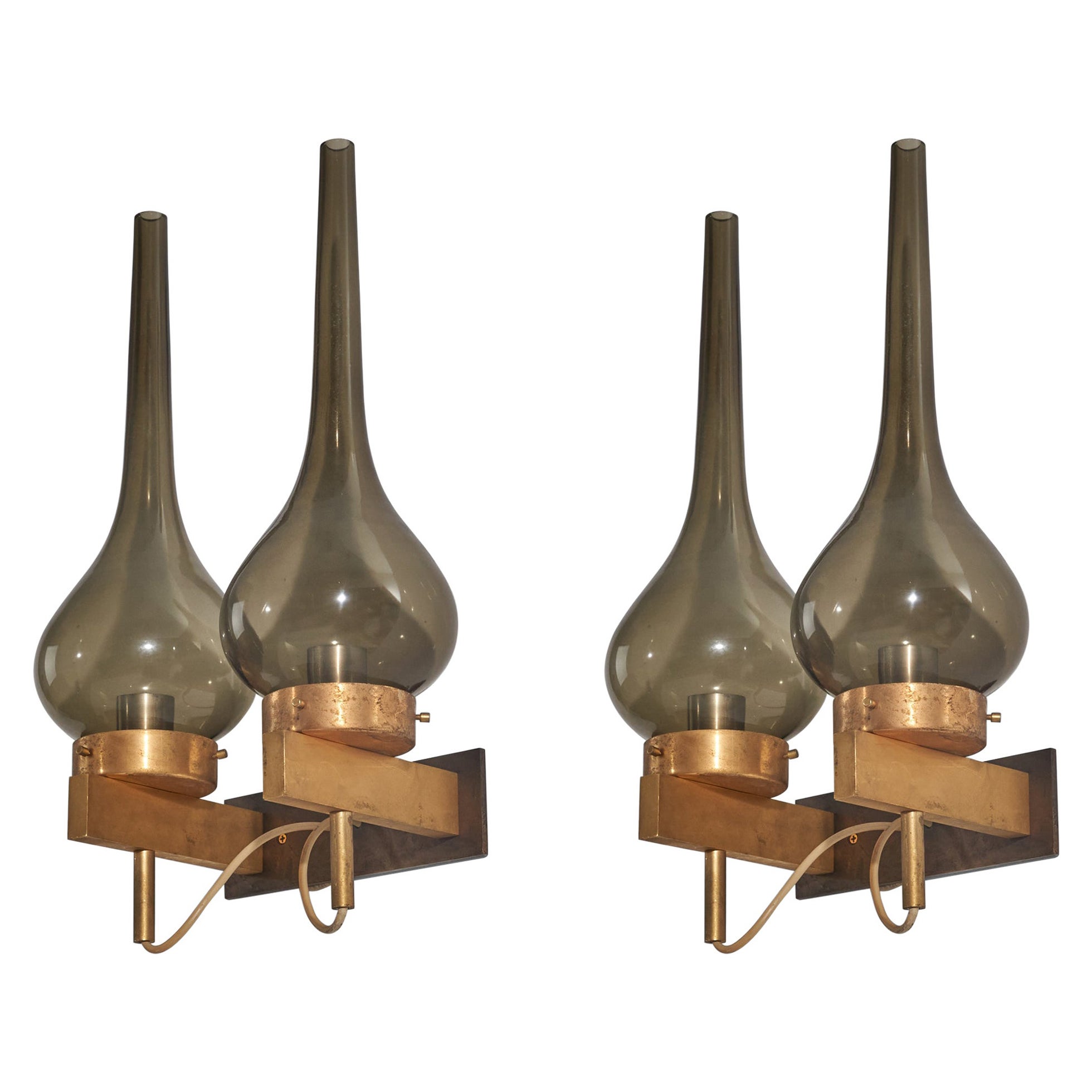 Italian Designer, Wall Lights, Brass, Smoked Glass, 1950s