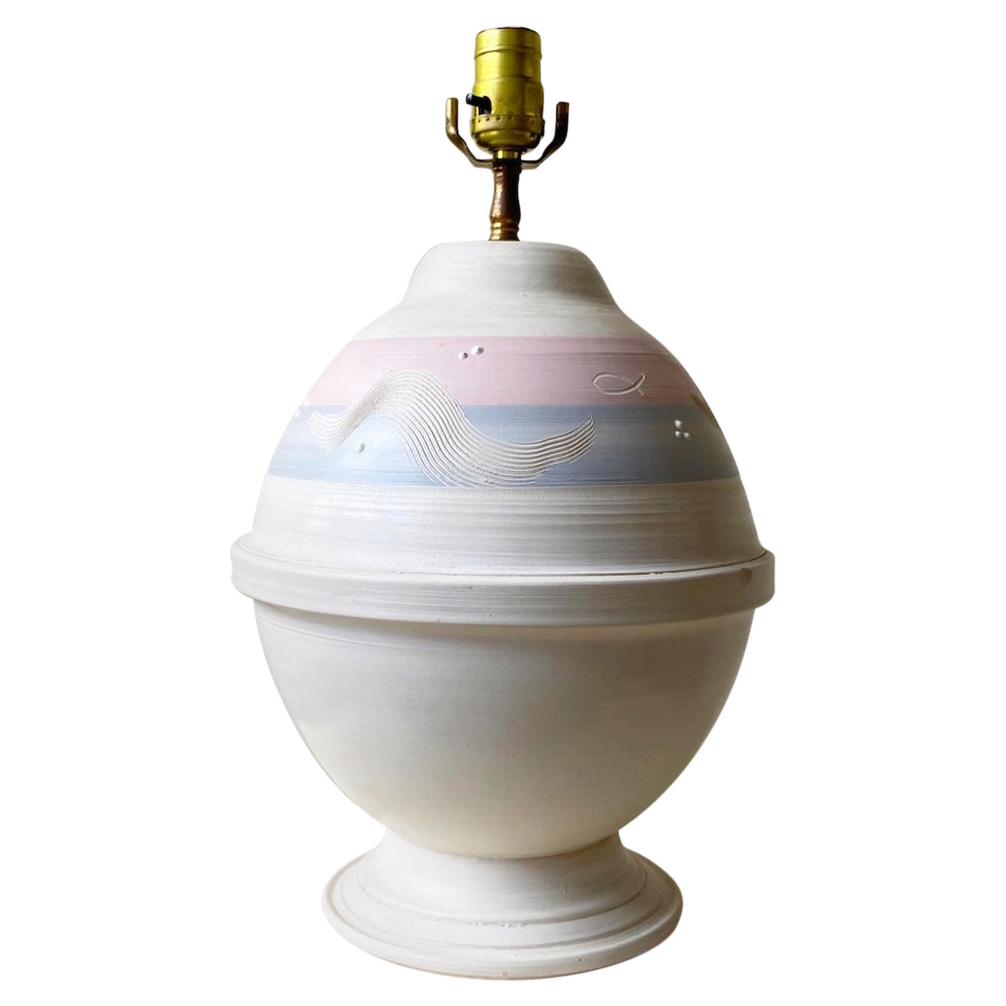 Postmodern White Blue and Pink Sculpted Pottery Table Lamp For Sale