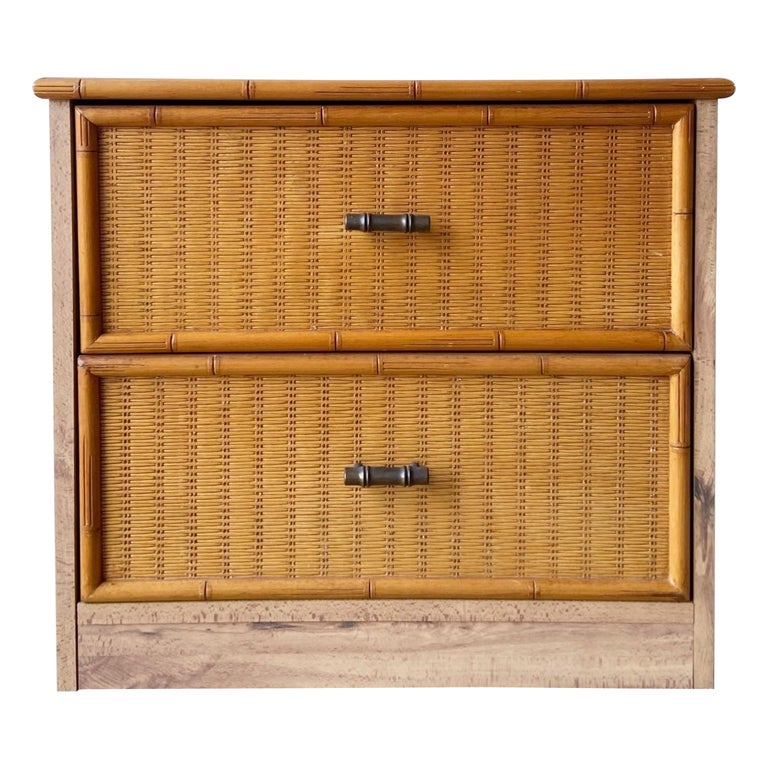 Boho Chic Wood Grain Laminate Faux Bamboo and Wicker Nightstand For