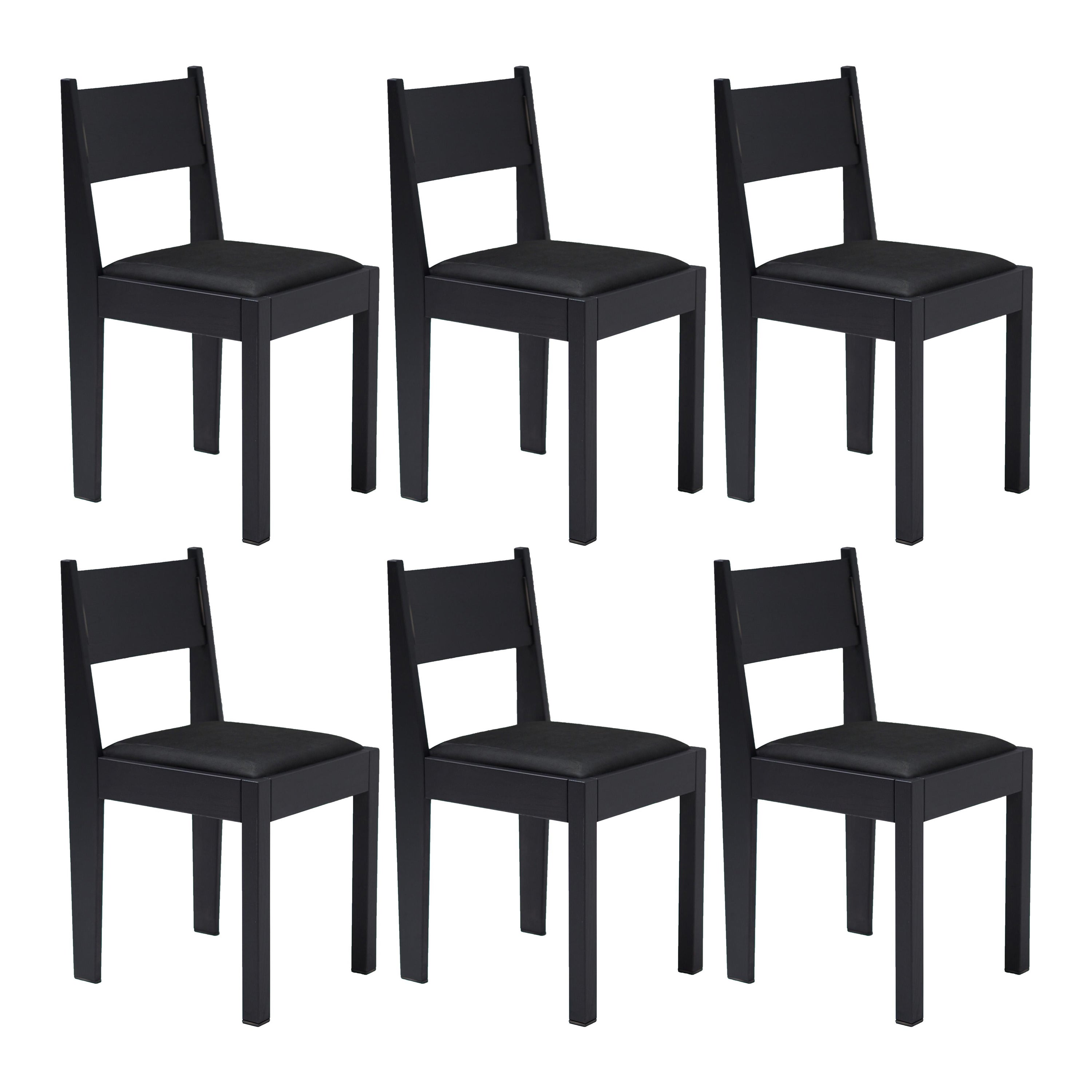 Ensemble de 6 chaises Art Déco, bois de frêne noir, tapisserie en cuir et détails en bronze
