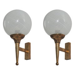 Vintage Carlo Scarpa Attribution, Wall Lights, Brass, Murano Glass, Venini, Italy, 1940s